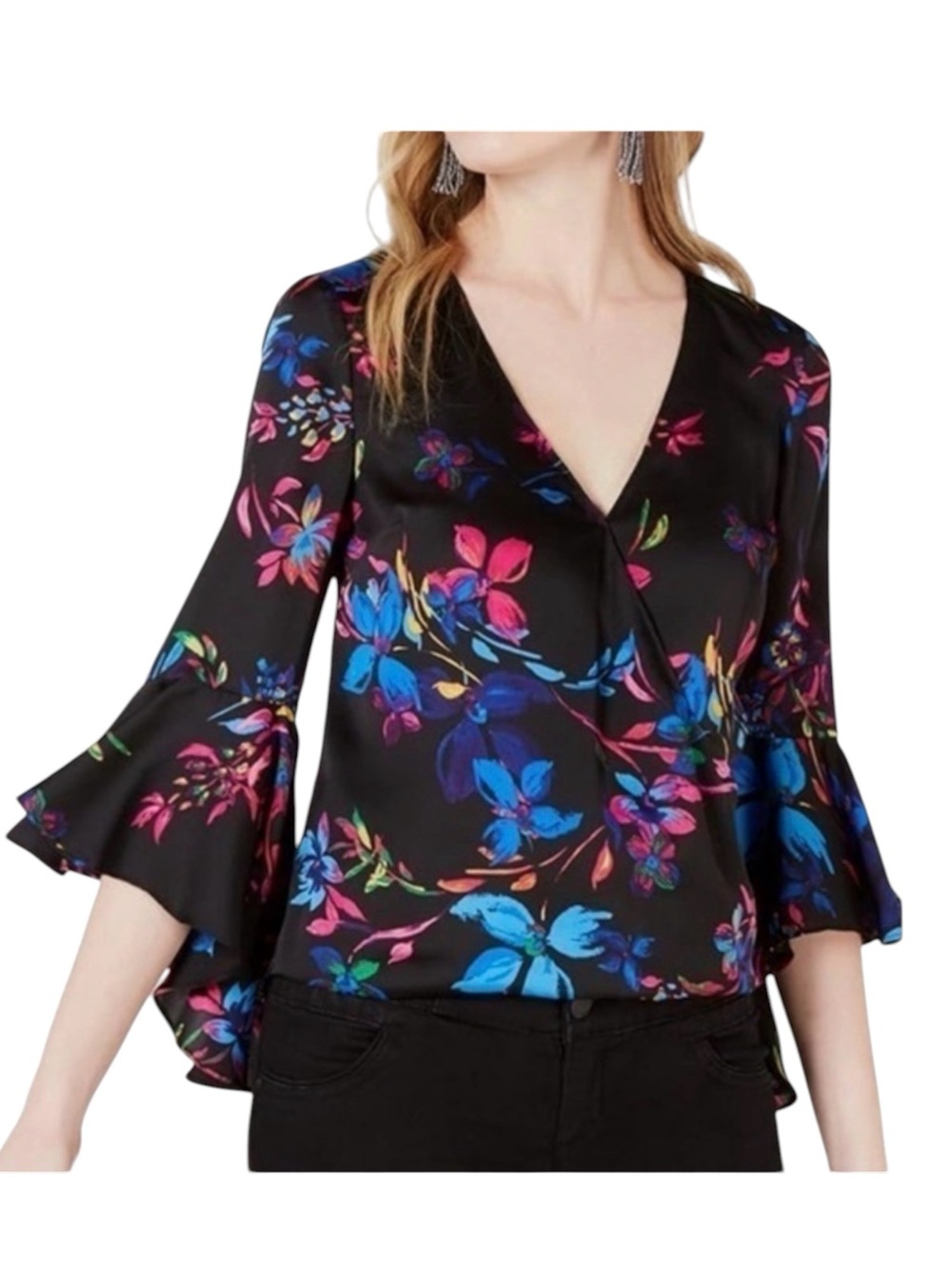 Bar III Black Vibrant Floral Wrap Satin Blouse Size Small Boho Colorful Career